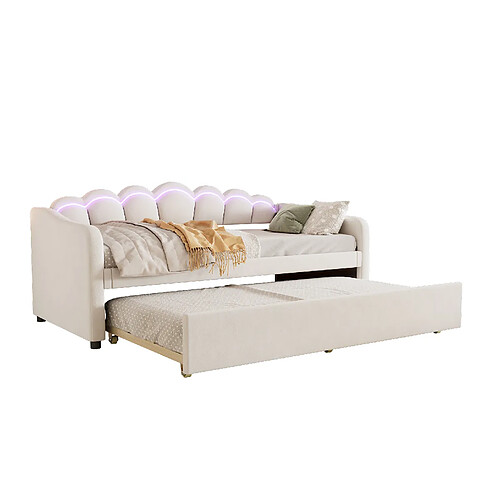 STILVORA Lit de jour 90/200 cm beige en velours avec lit gigogne et LED