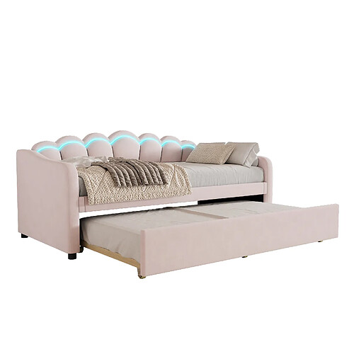 STILVORA Lit de jour 90/200 cm rose en velours avec lit gigogne et LED
