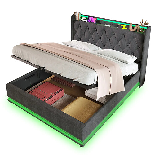 STILVORA Lit double 140/200 cm gris en lin avec LED 360° rangement et matelas