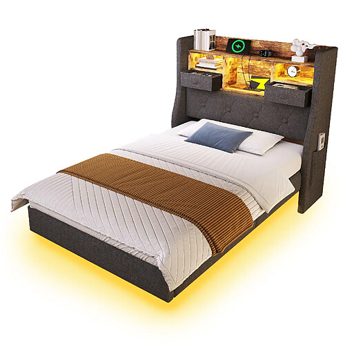 STILVORA Lit simple 90/200 cm gris en lin avec LED tête de lit de rangement