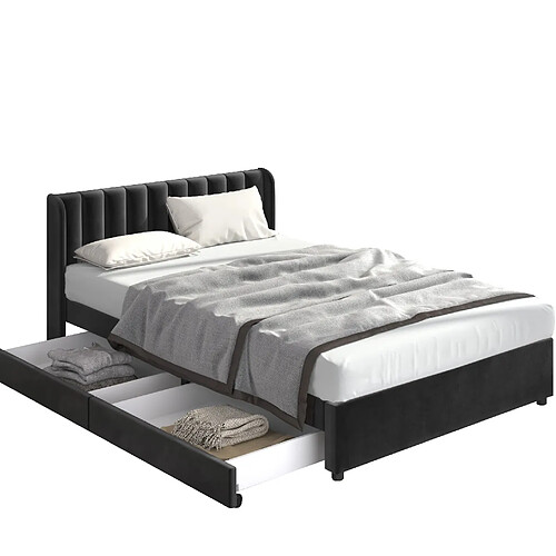 STILVORA Lit rembourré 160/200 cm noir en velours avec 2 tiroirs et sommier