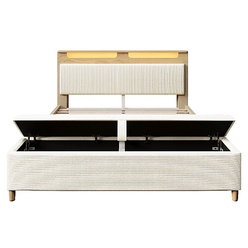 STILVORA Lit double 140/200 cm beige en bois et velours côtelé avec LED et banc coffre