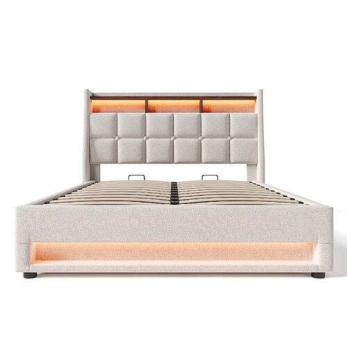 STILVORA Lit rembourré 180/200 cm beige en lin avec LED USB et rangement