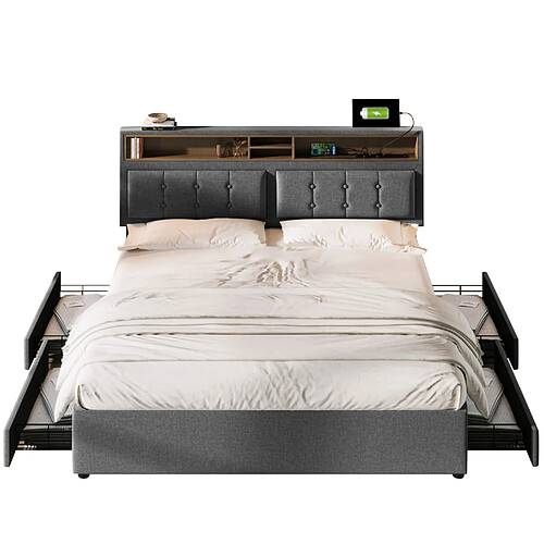 STILVORA Lit double 140/200 cm gris en lin avec tête réglable et 4 tiroirs