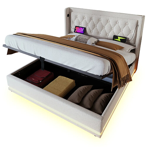 STILVORA Lit double 140/200 cm beige en coton avec rangement LED et USB-C