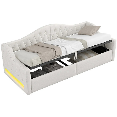 STILVORA Lit de jour 90/200 cm beige en lin avec LED et rangement