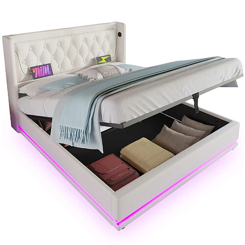 STILVORA Lit double 160/200 cm blanc en PU avec rangement LED et USB Type-C