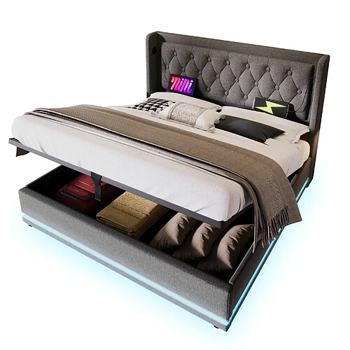 STILVORA Lit double 140/200 cm gris en coton avec LED USB-C et rangement