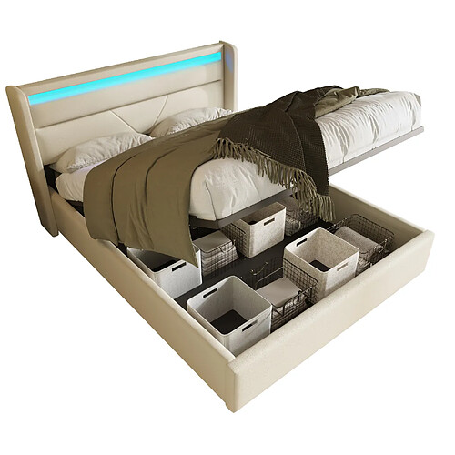 STILVORA Lit double 160/200 cm blanc en PU avec LED et rangement hydraulique