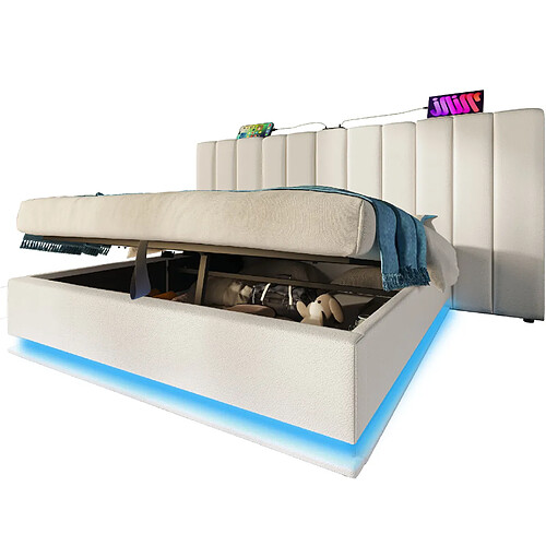 STILVORA Lit rembourré 160/200 cm blanc en PU avec LED 360° et rangement
