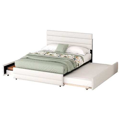 STILVORA Lit plateforme 140/200 cm beige en lin avec lit gigogne et 2 tiroirs