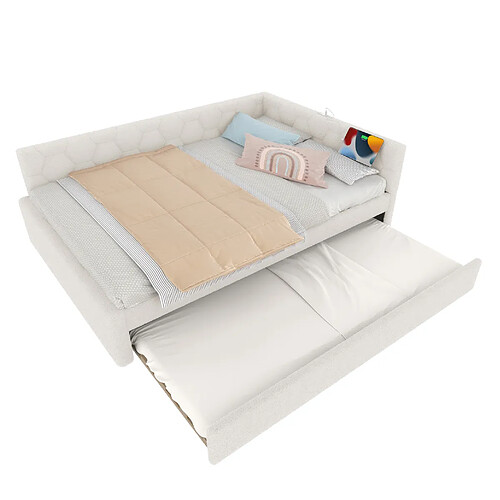 STILVORA Lit de jour 140/200 cm blanc en velours avec lit gigogne et ports USB