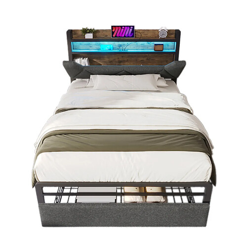 STILVORA Lit simple 90/200 cm gris en lin avec LED tête de lit de rangement et USB-C