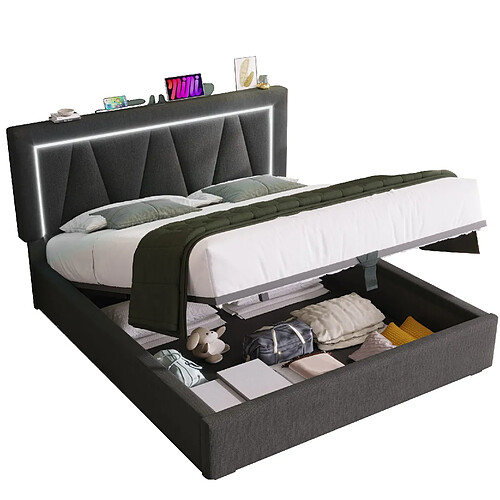 STILVORA Lit double 140/200 cm gris en lin avec LED USB et rangement