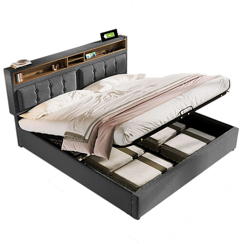 STILVORA Lit double 140/200 cm gris en lin avec rangement et tête de lit réglable