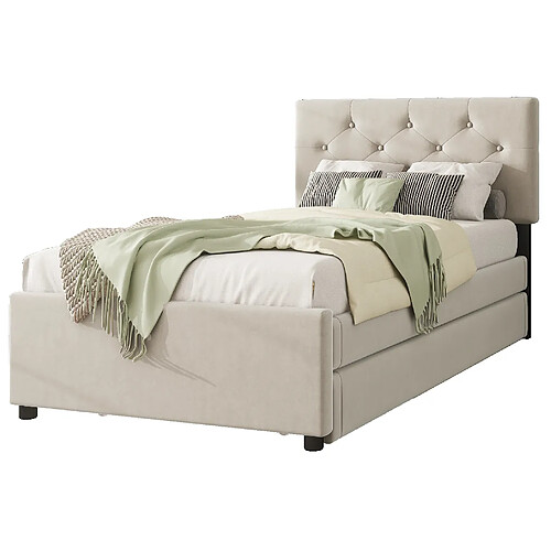 STILVORA Lit rembourré 90/200 cm beige en velours avec lit gigogne et sommier