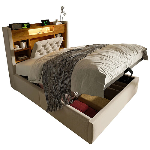 STILVORA Lit rembourré 90/200 cm beige en lin avec LED rangement et ports USB-C