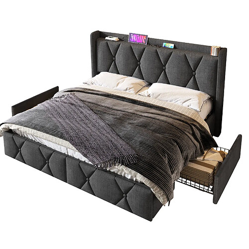 STILVORA Lit double 140/200 cm gris en lin avec USB prises et 4 tiroirs