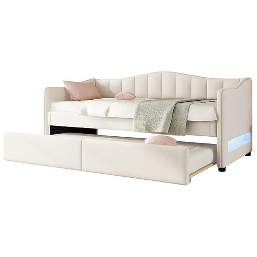 STILVORA Lit de jour 90/200 cm beige en lin avec lit gigogne et LED