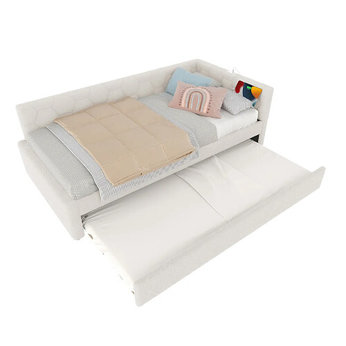 STILVORA Lit de jour 90/200 cm blanc en bouclette avec lit gigogne et ports USB