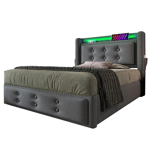 STILVORA Lit capitonné 90/200 cm gris en coton et lin avec LED rangement et matelas
