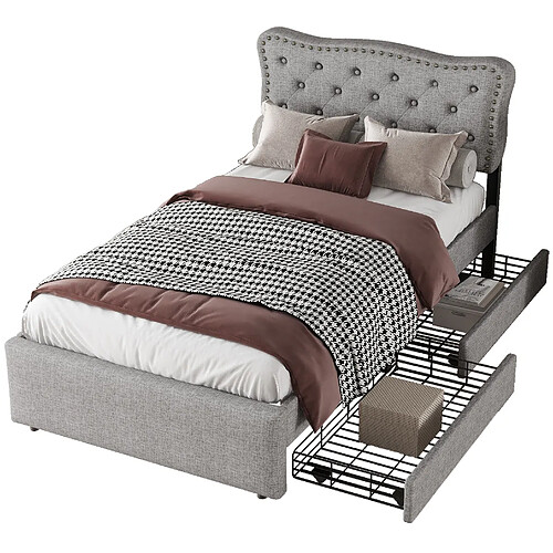 STILVORA Lit simple 90/200 cm gris en MDF avec 2 tiroirs et tête de lit réglable