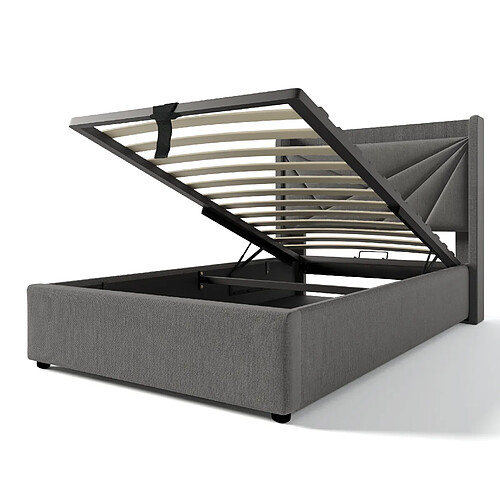 STILVORA Lit simple 90/200 cm gris en lin de coton avec rangement USB et Type-C