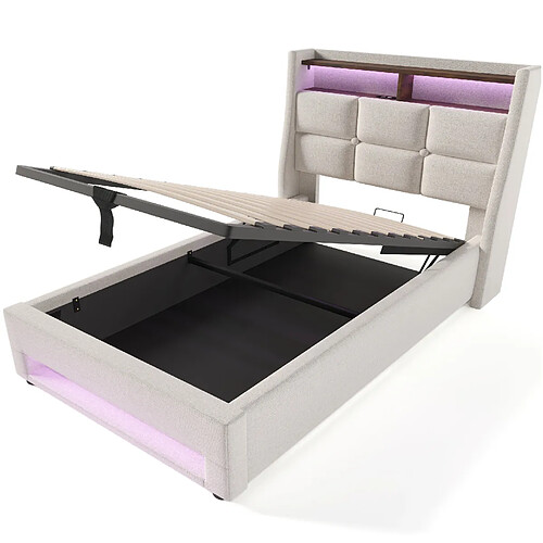 STILVORA Lit rembourré 90/200 cm beige en lin avec LED USB et matelas