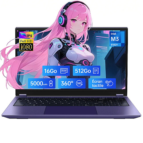 VANWIN PC Portable 15,6" FHD Ecran Tactile Rotation 360°Intel Core m3-8100Y 16Go RAM SSD 512Go