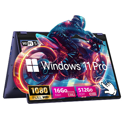 VANWIN PC Portable 15,6" FHD Ecran Tactile Rotation 360°Intel Core m3-8100Y 16Go RAM SSD 512Go