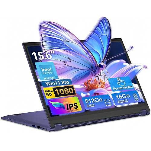 VANWIN PC Portable 15,6" FHD Ecran Tactile Rotation 360°Intel Core m3-8100Y 16Go RAM SSD 512Go