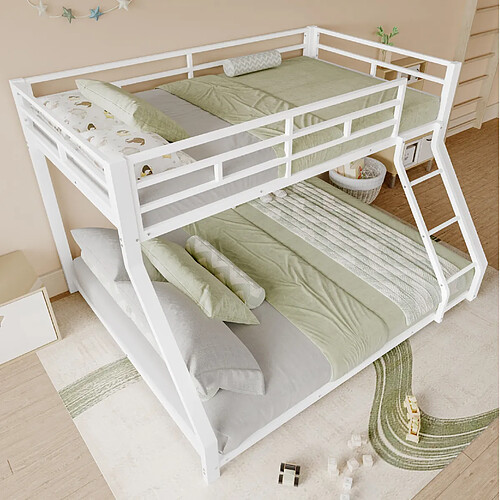 Lit Superposé Enfant 90x200 et 140x200 cm - Modenvie - escalier et garde-corps - Blanc
