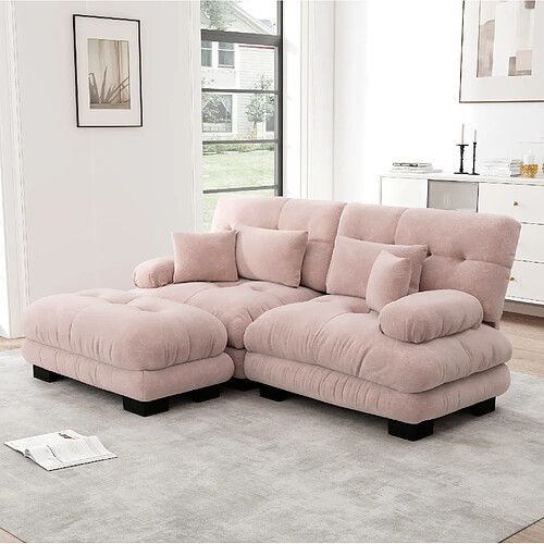 MIVRAY Canapé d’angle 2 places Modulable avec 1 repose-pieds et coussins, Tissu, Rose