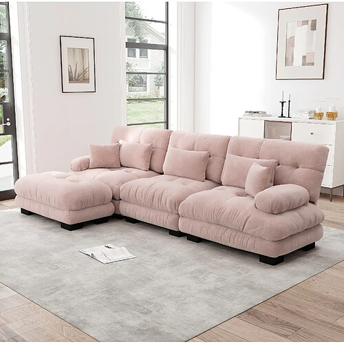 MIVRAY Canapé d’angle 3 places Modulable avec 1 repose-pieds, coussins, Tissu, Rose