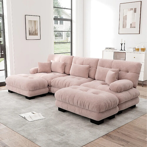 MIVRAY Canapé d’angle 3 places Modulable avec 2 repose-pieds, coussins, Tissu, Rose