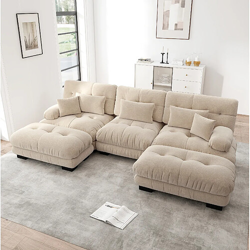 MIVRAY Canapé d’angle 3 places Modulable avec 2 repose-pieds, coussins, Tissu, Café clair