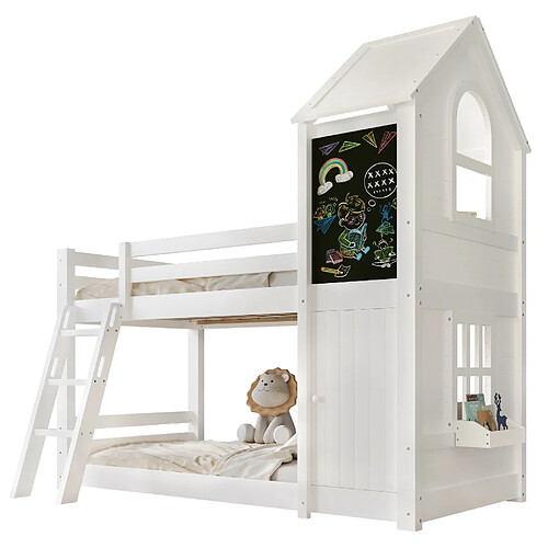 STILVORA Lit Superposé 90/200 cm blanc en bois massif et MDF avec toit et tableau