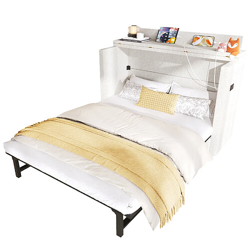 STILVORA Lit escamotable 140/200 cm beige en lin avec tiroir et ports USB Type-C