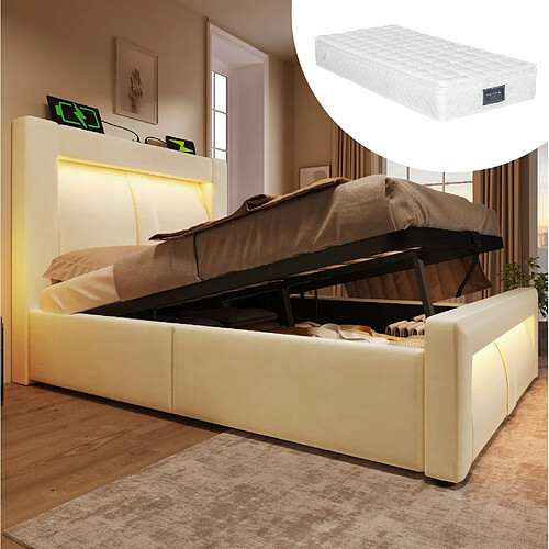 modfu Lit coffre 90x200 cm, avec LED et ports USB et Type-C, en velours, beige, matelas inclus