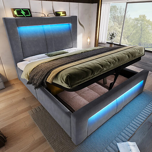 modfu Lit coffre 90x200 cm avec LED et ports USB et Type-C, en velours, gris, sans matelas