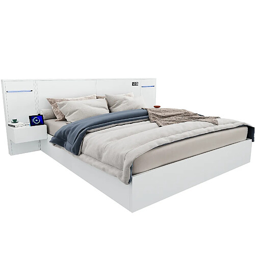 STILVORA Lit double 160/200 cm blanc en MDF avec USB LED Bluetooth et 2 chevets