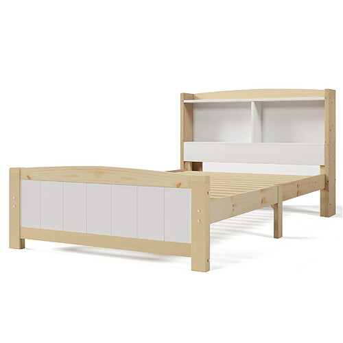 STILVORA Lit 90/200 cm blanc et naturel en bois massif avec tête de lit rangement