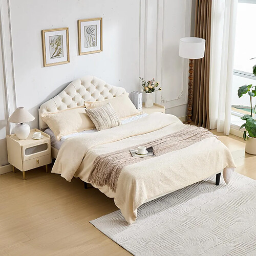 modfu Lit simple 140x200 cm, tête de lit réglable, en velours, beige