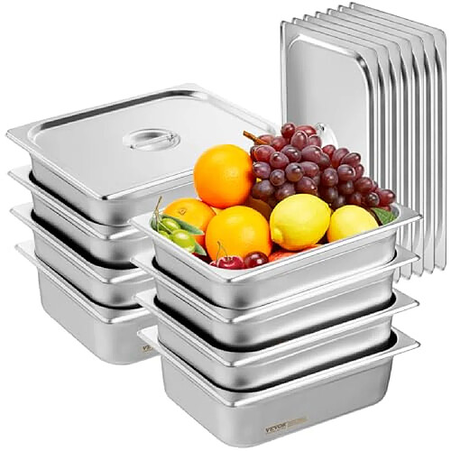 VEVOR 8PCs Bac Gastronorme GN 1/2 Récipient Inox Bain-marie 10,2 cm Profondeur
