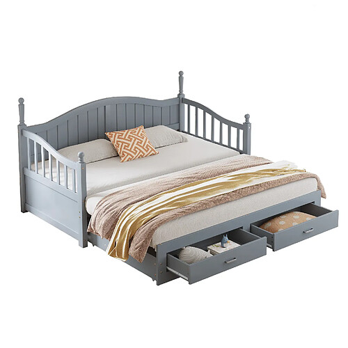 STILVORA Canapé-lit gigogne 90/190 cm gris en bois avec 2 tiroirs et sommier