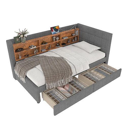 STILVORA Banquette-lit 90/200 cm gris en lin avec USB tiroirs et rangements