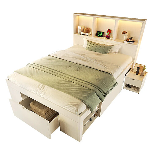 STILVORA Lit simple avec matelas 90/200 cm blanc en bois avec LED et table de chevet mobile