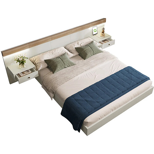 STILVORA Lit double 180/200 cm blanc et chêne Sonoma en bois avec 2 chevets LED