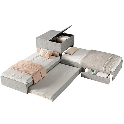 STILVORA Lit d'angle 90/200 cm gris en lin avec lit gigogne et rangement