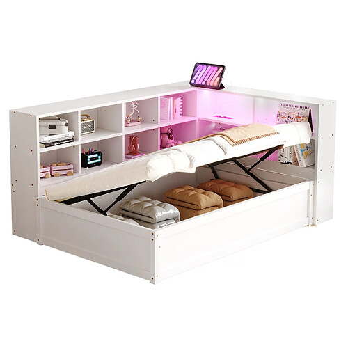 STILVORA Lit banquette 90/200 cm blanc en bois avec LED rangement et prise intégrée